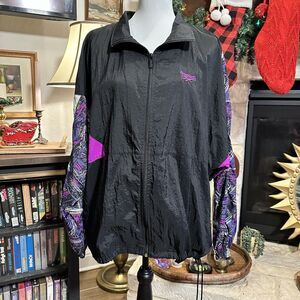 Vintage Reebok Jacket Womens Large Black Purple White Windbreaker 90s Track Coat